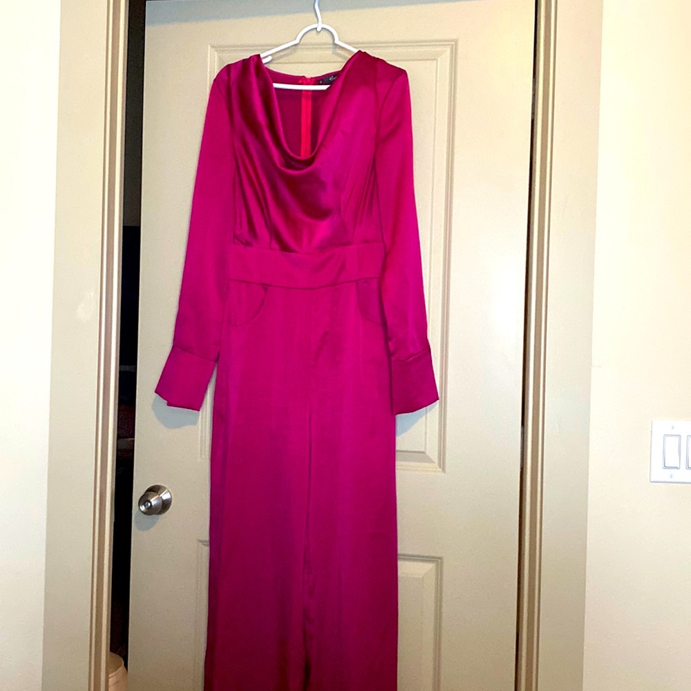 Hanifa Magenta Satin jumpsuit, Size M, great length to work with. Only worn once